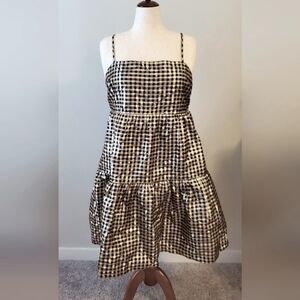 J Crew Factory Metallic Threads Gingham Tiered Mini Dress (Black & Gold)